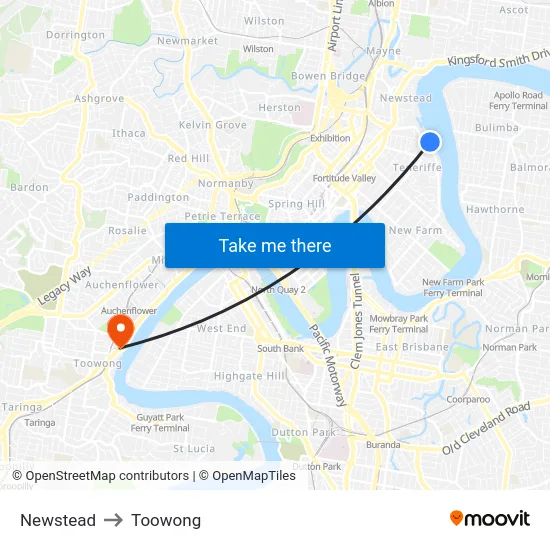 Newstead to Toowong map