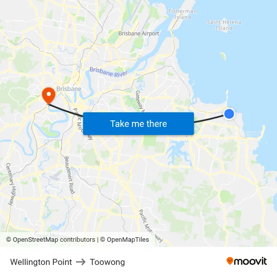 Wellington Point to Toowong map