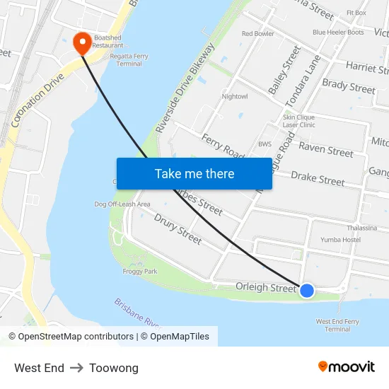 West End to Toowong map
