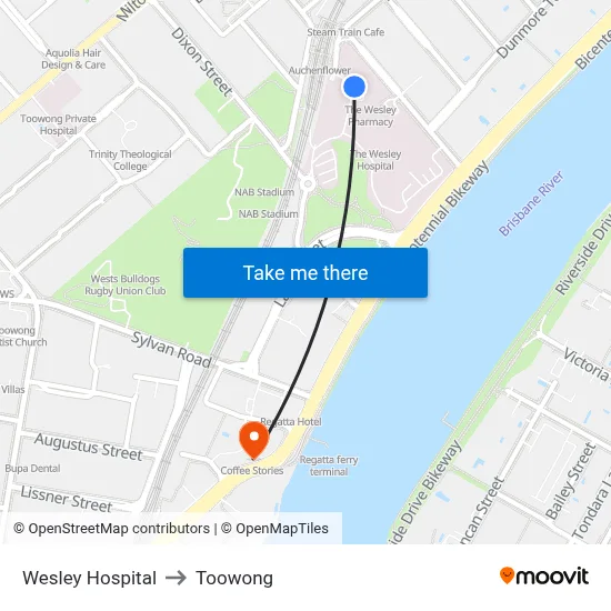 Wesley Hospital to Toowong map