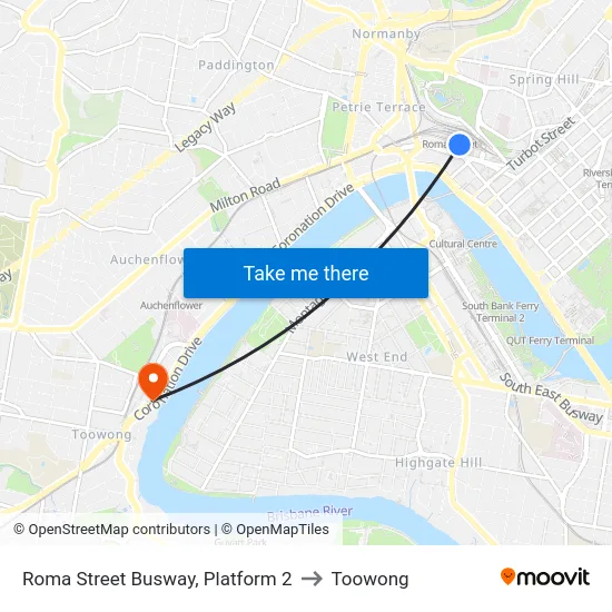 Roma Street Busway, Platform 2 to Toowong map