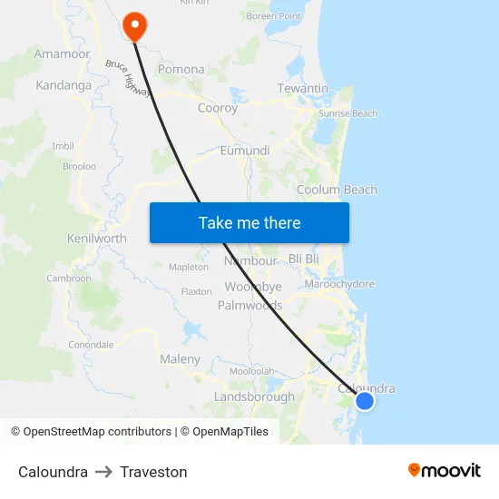 Caloundra to Traveston map