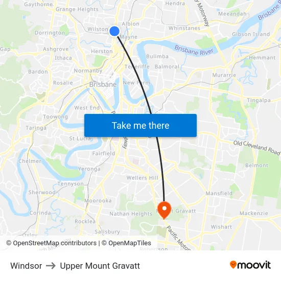Windsor to Upper Mount Gravatt map