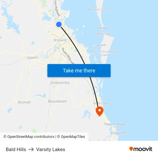 Bald Hills to Varsity Lakes map