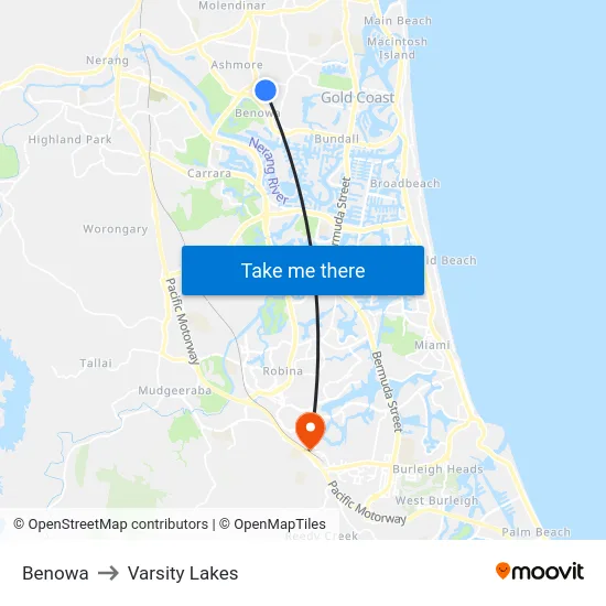 Benowa to Varsity Lakes map