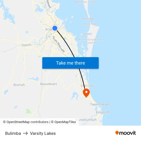 Bulimba to Varsity Lakes map