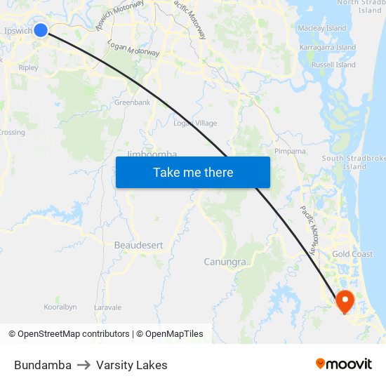 Bundamba to Varsity Lakes map