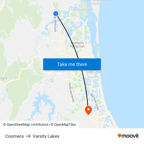 Coomera to Varsity Lakes map