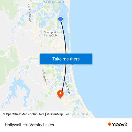 Hollywell to Varsity Lakes map