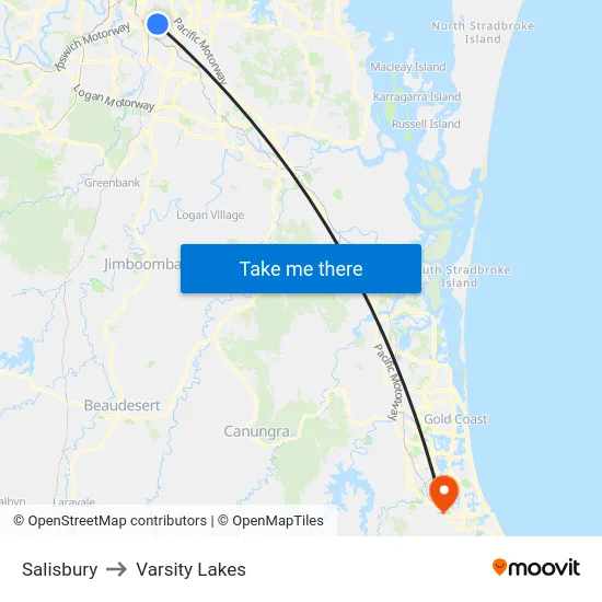 Salisbury to Varsity Lakes map