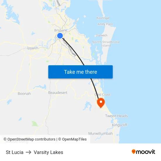 St Lucia to Varsity Lakes map