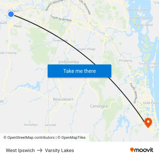 West Ipswich to Varsity Lakes map