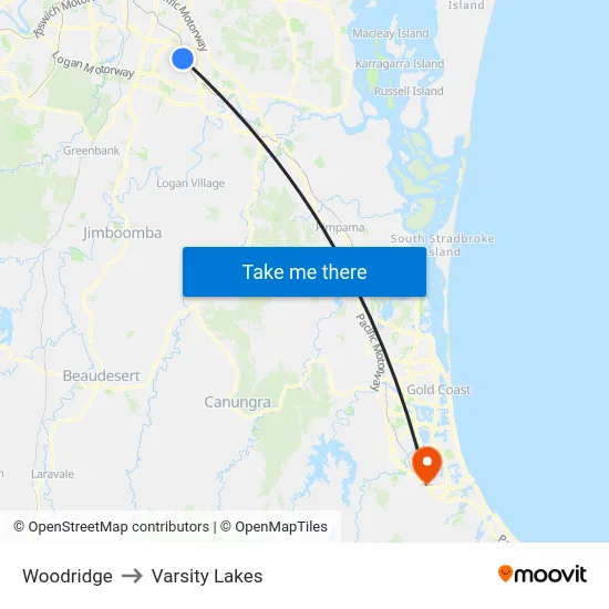 Woodridge to Varsity Lakes map