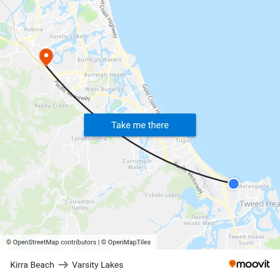 Kirra Beach to Varsity Lakes map