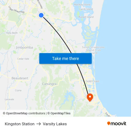 Kingston Station to Varsity Lakes map