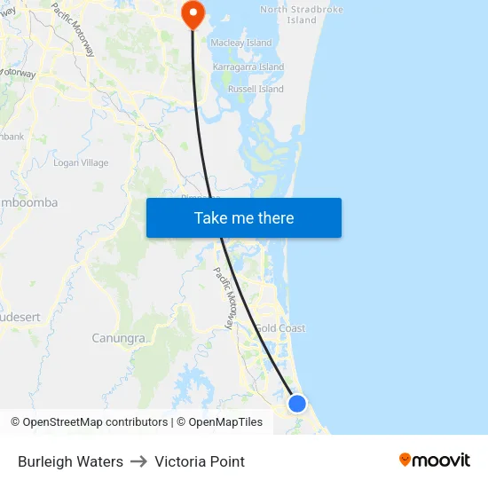 Burleigh Waters to Victoria Point map