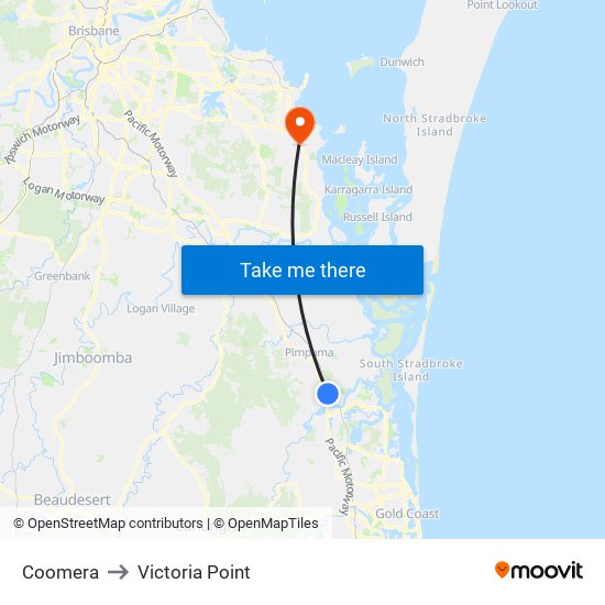 Coomera to Victoria Point map