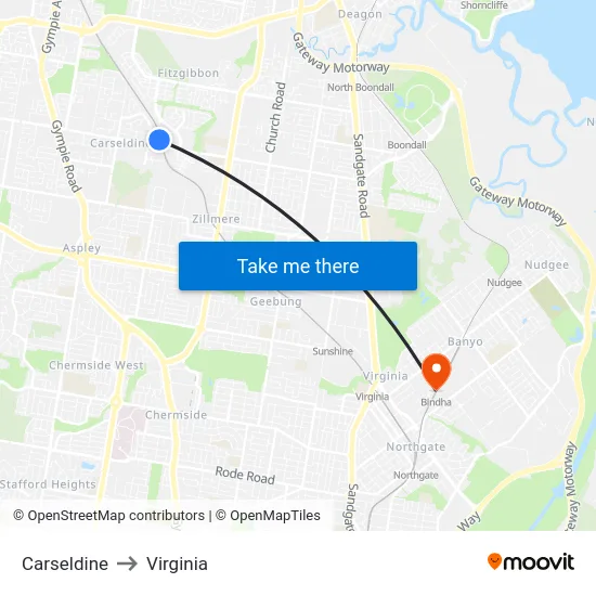 Carseldine to Virginia map