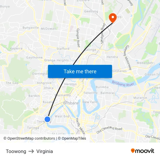 Toowong to Virginia map