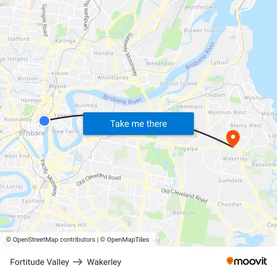 Fortitude Valley to Wakerley map