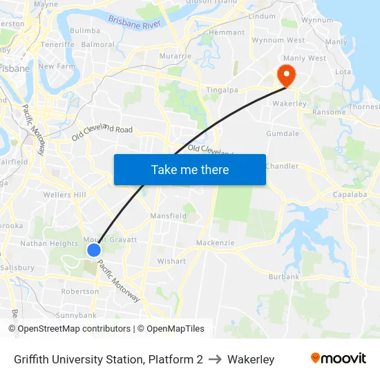 Griffith University Station, Platform 2 to Wakerley map