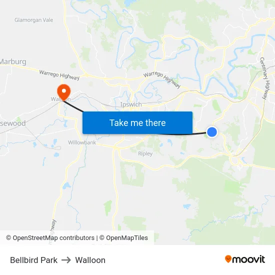 Bellbird Park to Walloon map