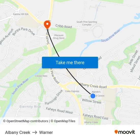 Albany Creek to Warner map