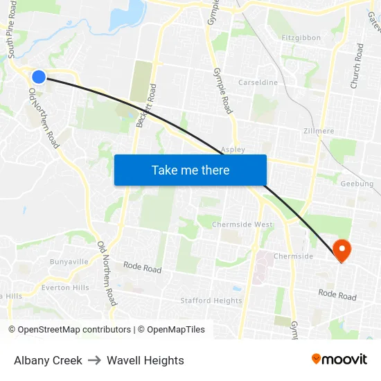 Albany Creek to Wavell Heights map