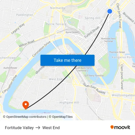 Fortitude Valley to West End map