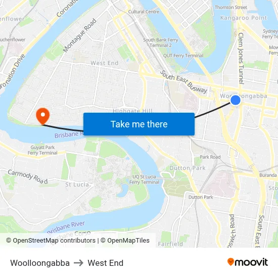 Woolloongabba to West End map