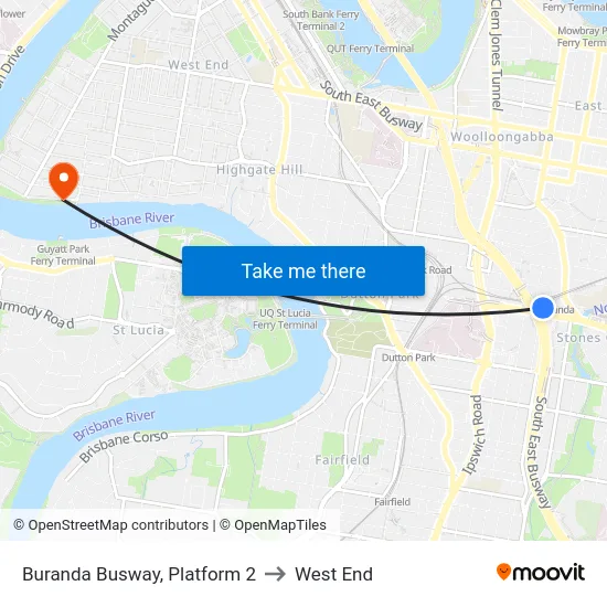 Buranda Busway, Platform 2 to West End map