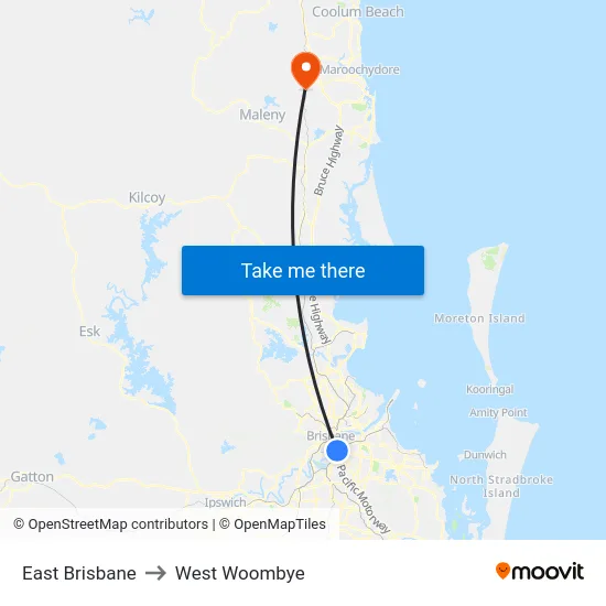 East Brisbane to West Woombye map