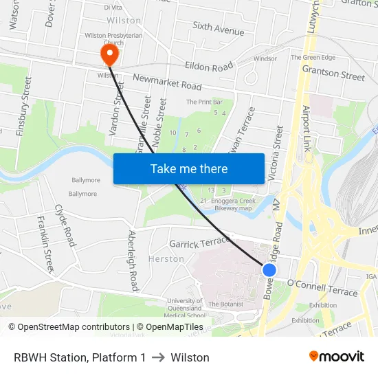 RBWH Station, Platform 1 to Wilston map