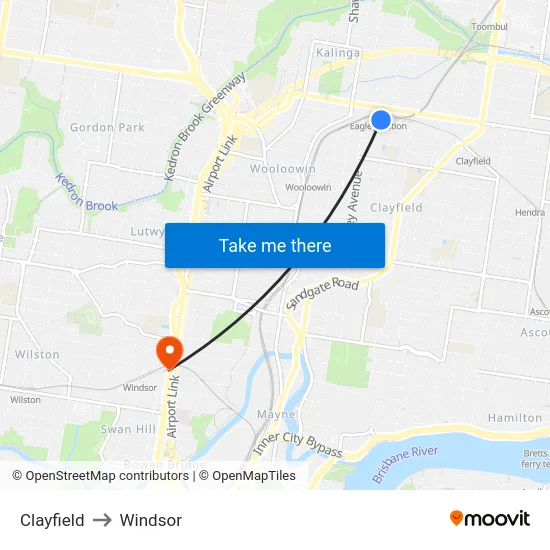 Clayfield to Windsor map