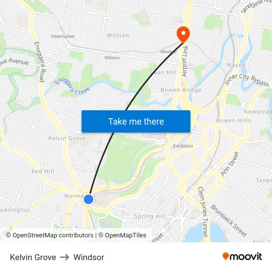 Kelvin Grove to Windsor map