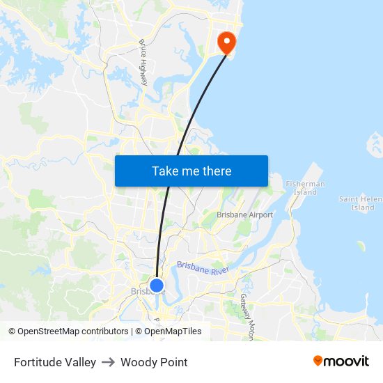 Fortitude Valley to Woody Point map