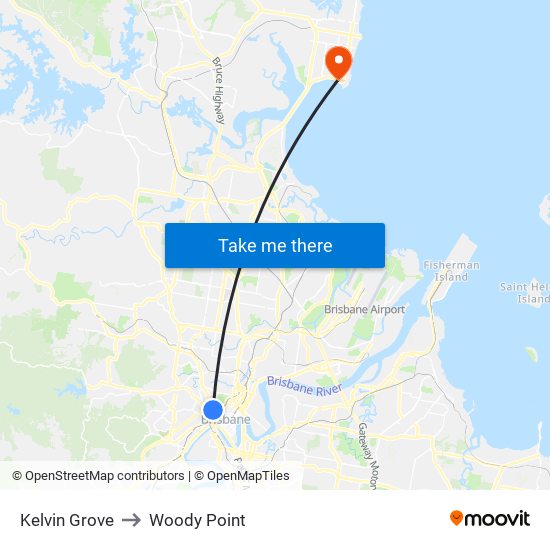 Kelvin Grove to Woody Point map