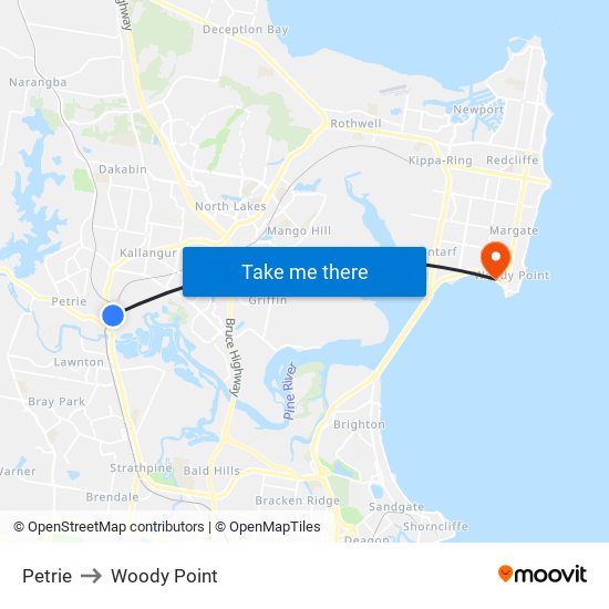 Petrie to Woody Point map