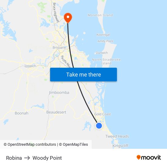 Robina to Woody Point map