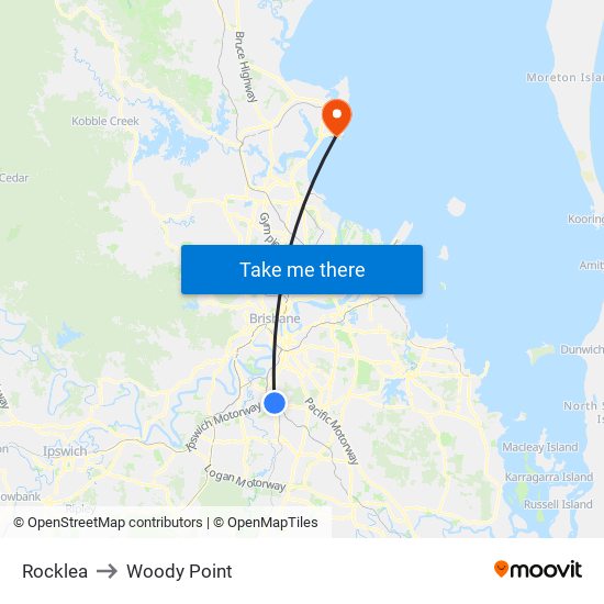 Rocklea to Woody Point map