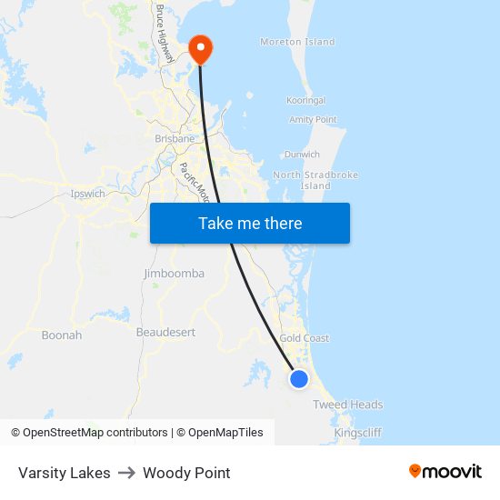 Varsity Lakes to Woody Point map