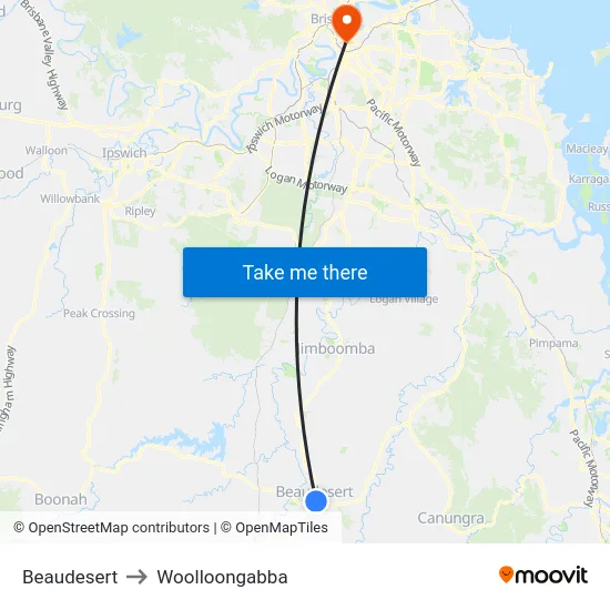 Beaudesert to Woolloongabba map