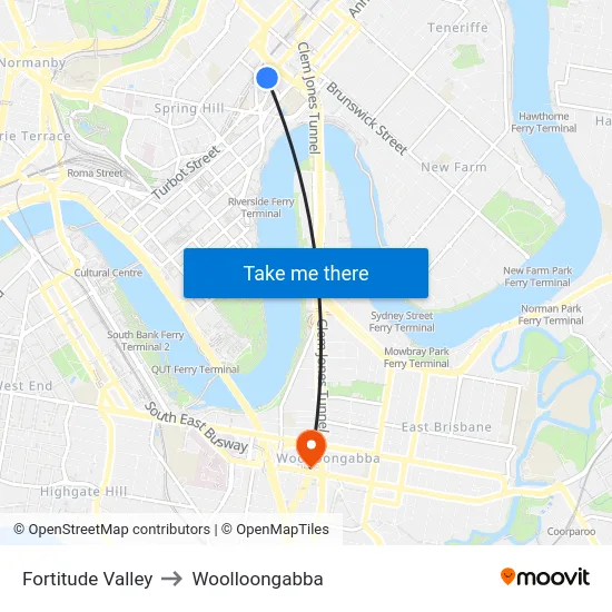 Fortitude Valley to Woolloongabba map