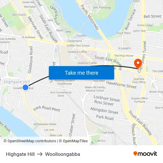 Highgate Hill to Woolloongabba map
