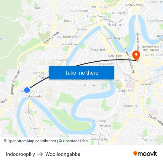 Indooroopilly to Woolloongabba map