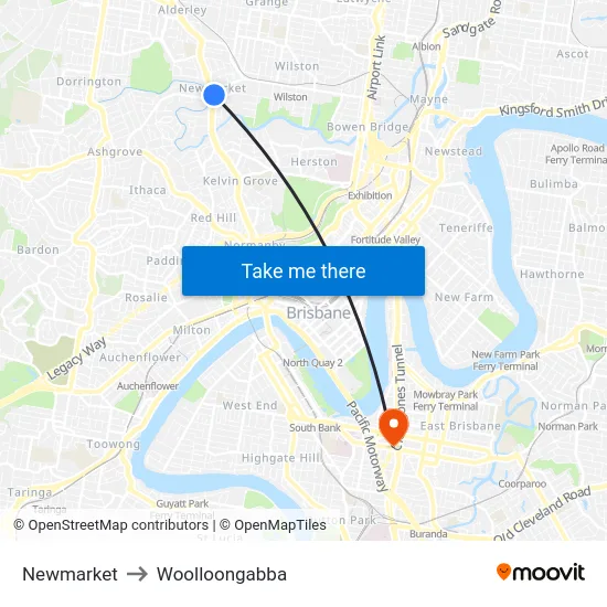 Newmarket to Woolloongabba map