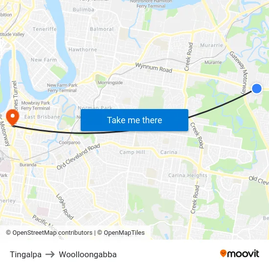 Tingalpa to Woolloongabba map