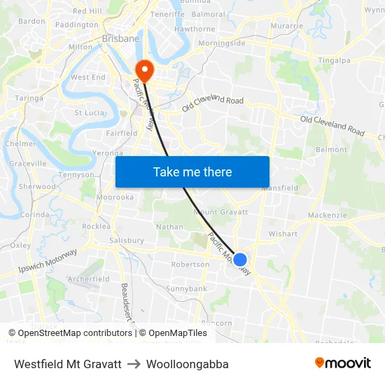 Westfield Mt Gravatt to Woolloongabba map