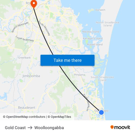 Gold Coast to Woolloongabba map