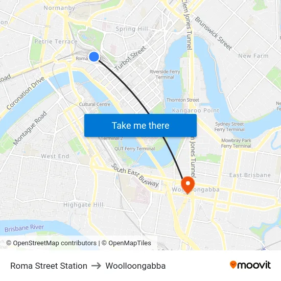 Roma Street Station to Woolloongabba map